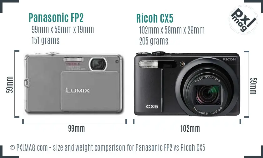 Panasonic FP2 vs Ricoh CX5 size comparison