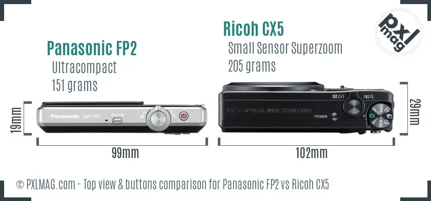 Panasonic FP2 vs Ricoh CX5 top view buttons comparison