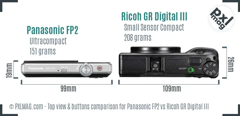 Panasonic FP2 vs Ricoh GR Digital III top view buttons comparison