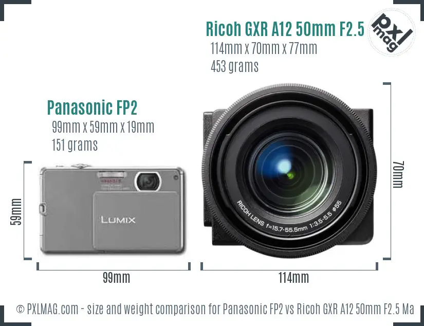 Panasonic FP2 vs Ricoh GXR A12 50mm F2.5 Macro size comparison