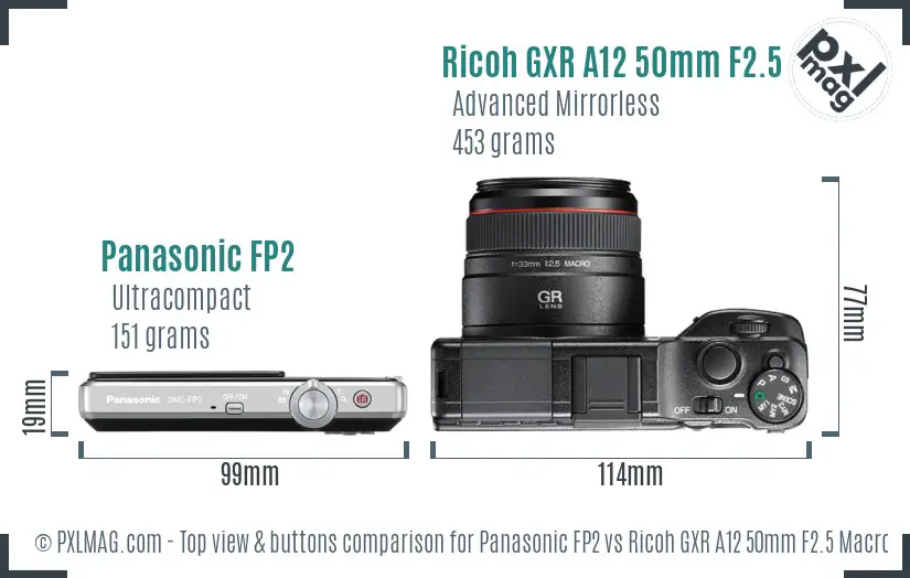 Panasonic FP2 vs Ricoh GXR A12 50mm F2.5 Macro top view buttons comparison