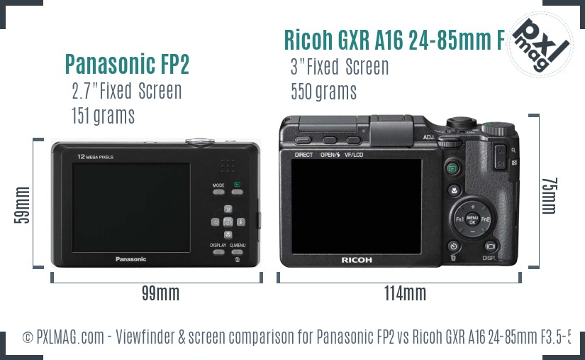 Panasonic FP2 vs Ricoh GXR A16 24-85mm F3.5-5.5 Screen and Viewfinder comparison