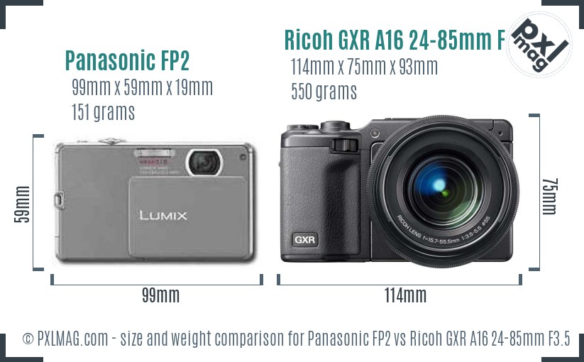 Panasonic FP2 vs Ricoh GXR A16 24-85mm F3.5-5.5 size comparison Panasonic FP2 vs Ricoh GXR A16 24-85mm F3.5-5.5 size comparison