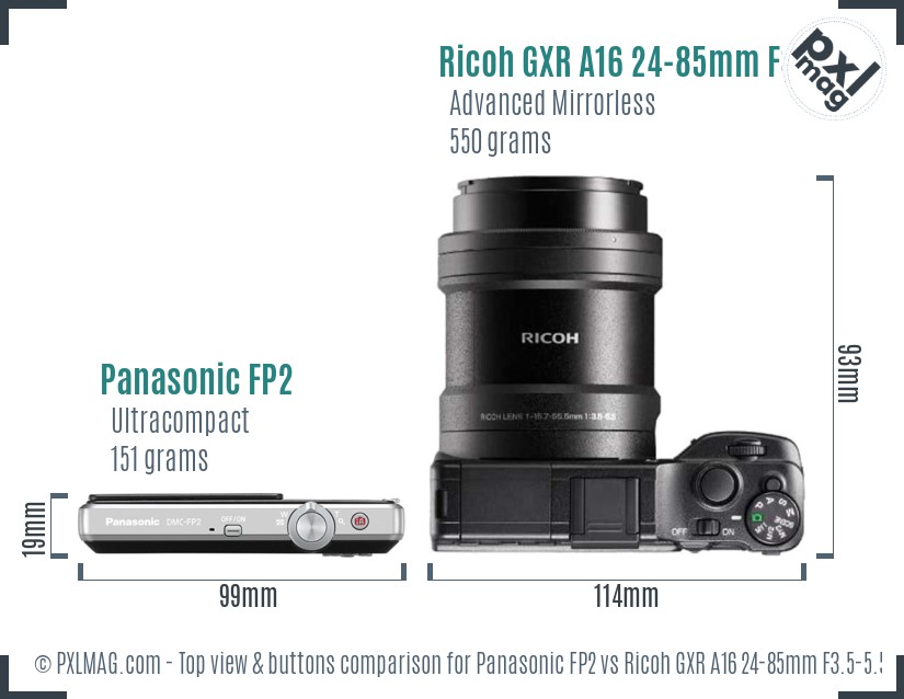 Panasonic FP2 vs Ricoh GXR A16 24-85mm F3.5-5.5 top view buttons comparison