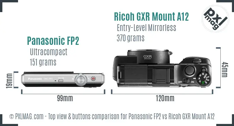 Panasonic FP2 vs Ricoh GXR Mount A12 top view buttons comparison Panasonic FP2 vs Ricoh GXR Mount A12 top view buttons comparison