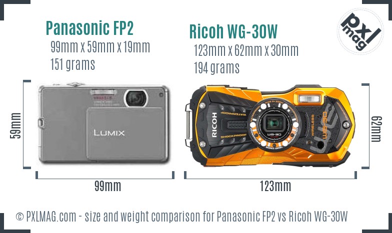 Panasonic FP2 vs Ricoh WG-30W size comparison