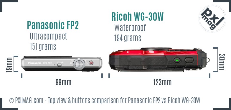 Panasonic FP2 vs Ricoh WG-30W top view buttons comparison