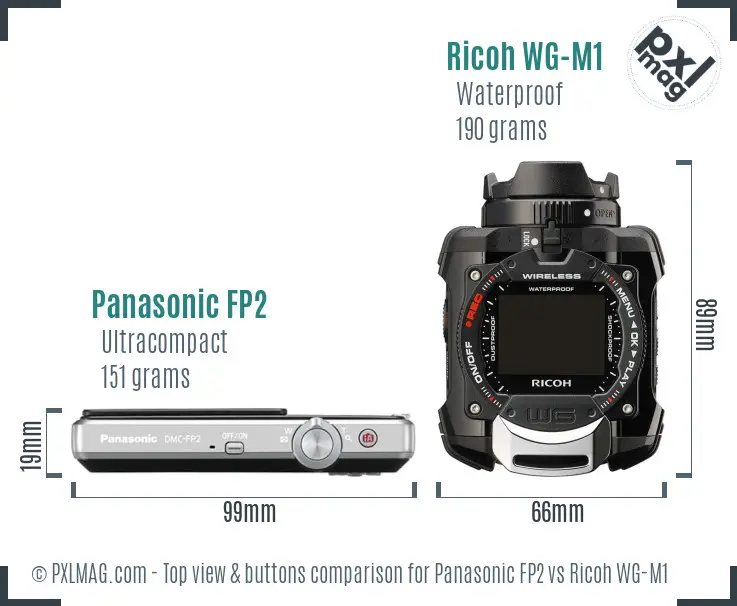 Panasonic FP2 vs Ricoh WG-M1 top view buttons comparison