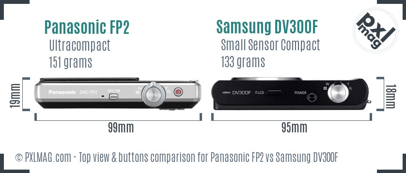 Panasonic FP2 vs Samsung DV300F top view buttons comparison