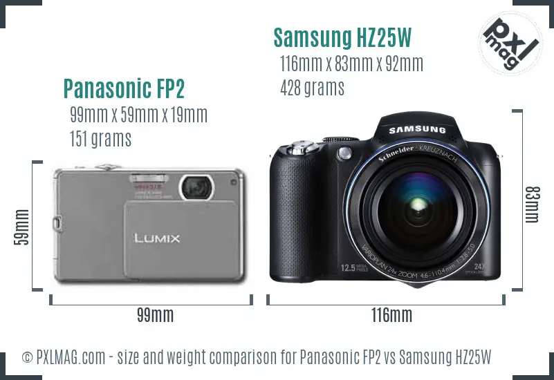 Panasonic FP2 vs Samsung HZ25W size comparison Panasonic FP2 vs Samsung HZ25W size comparison