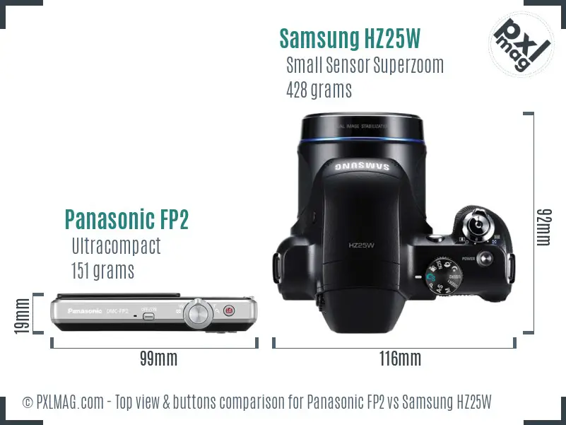Panasonic FP2 vs Samsung HZ25W top view buttons comparison Panasonic FP2 vs Samsung HZ25W top view buttons comparison