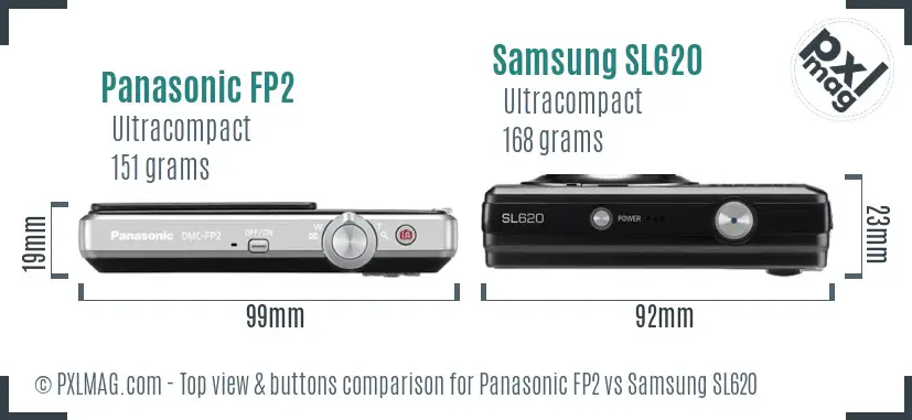 Panasonic FP2 vs Samsung SL620 top view buttons comparison