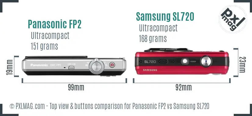 Panasonic FP2 vs Samsung SL720 top view buttons comparison