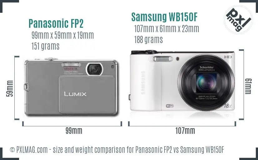 Panasonic FP2 vs Samsung WB150F size comparison