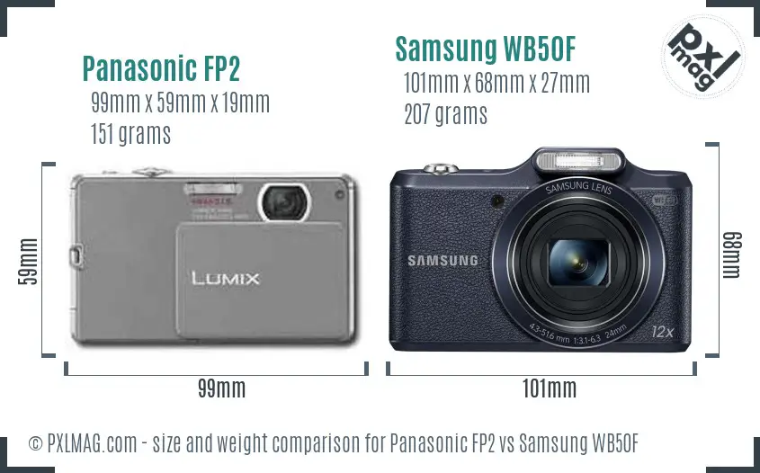 Panasonic FP2 vs Samsung WB50F size comparison