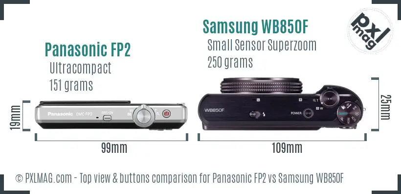Panasonic FP2 vs Samsung WB850F top view buttons comparison Panasonic FP2 vs Samsung WB850F top view buttons comparison