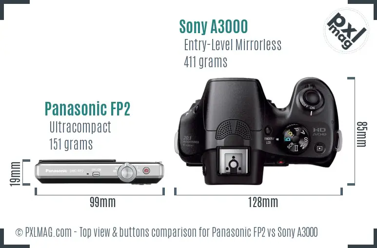 Panasonic FP2 vs Sony A3000 top view buttons comparison Panasonic FP2 vs Sony A3000 top view buttons comparison