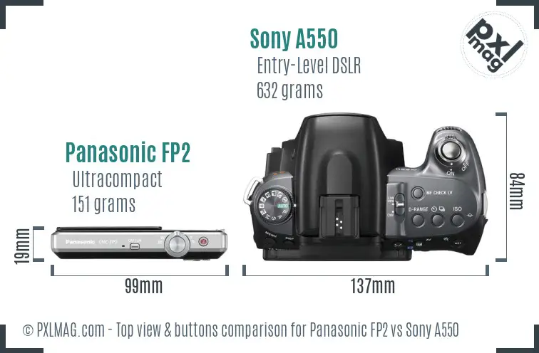 Panasonic FP2 vs Sony A550 top view buttons comparison