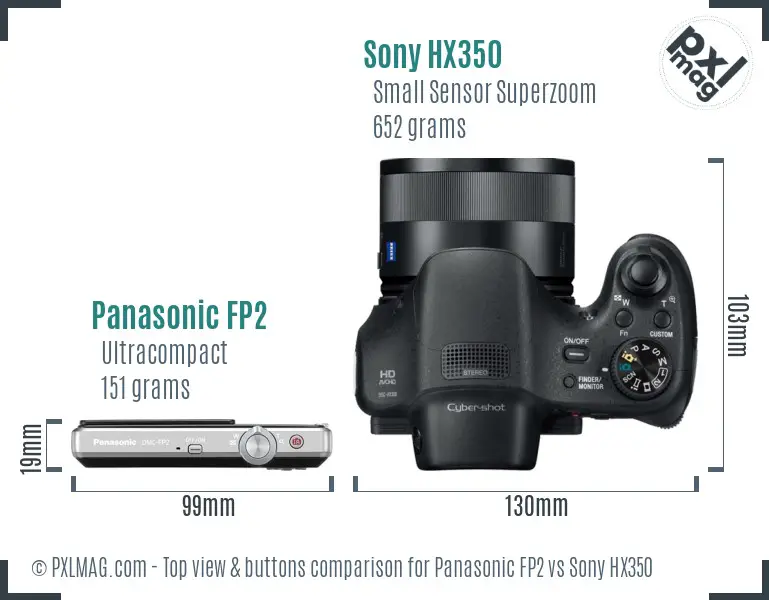 Panasonic FP2 vs Sony HX350 top view buttons comparison