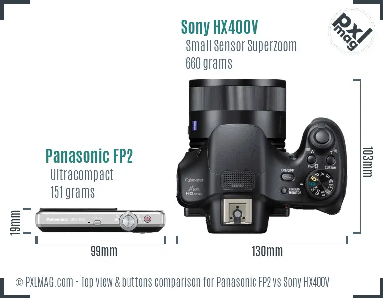 Panasonic FP2 vs Sony HX400V top view buttons comparison