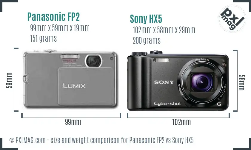 Panasonic FP2 vs Sony HX5 size comparison