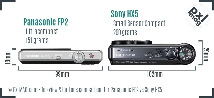 Panasonic FP2 vs Sony HX5 top view buttons comparison