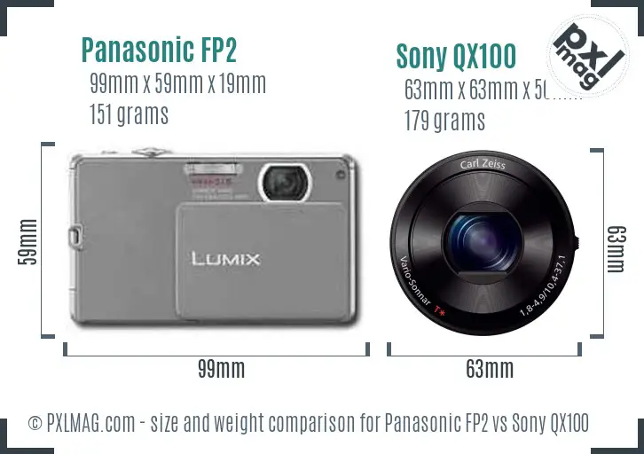 Panasonic FP2 vs Sony QX100 size comparison