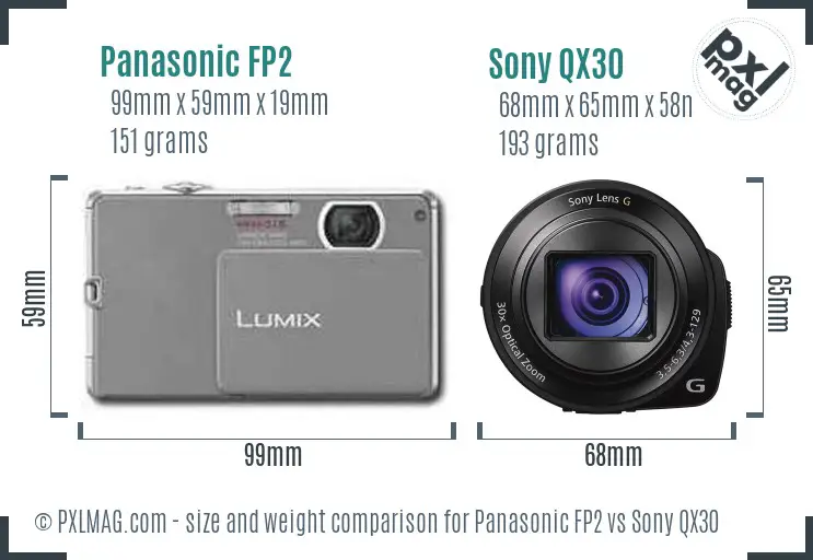 Panasonic FP2 vs Sony QX30 size comparison