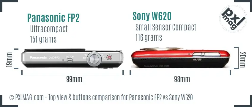 Panasonic FP2 vs Sony W620 top view buttons comparison