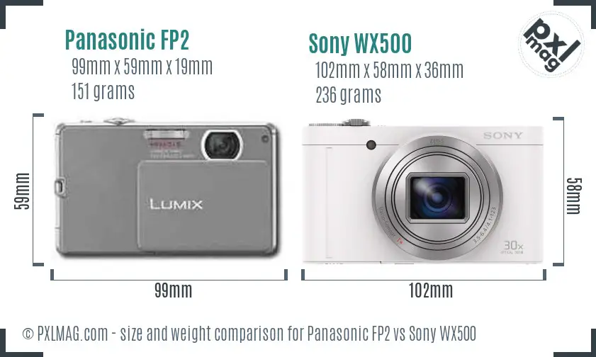 Panasonic FP2 vs Sony WX500 size comparison