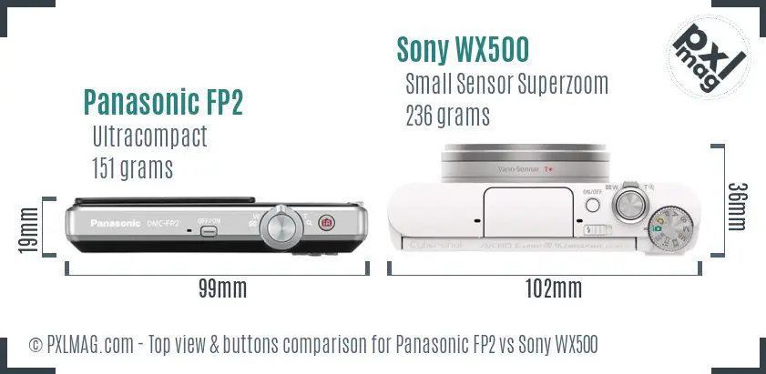 Panasonic FP2 vs Sony WX500 top view buttons comparison