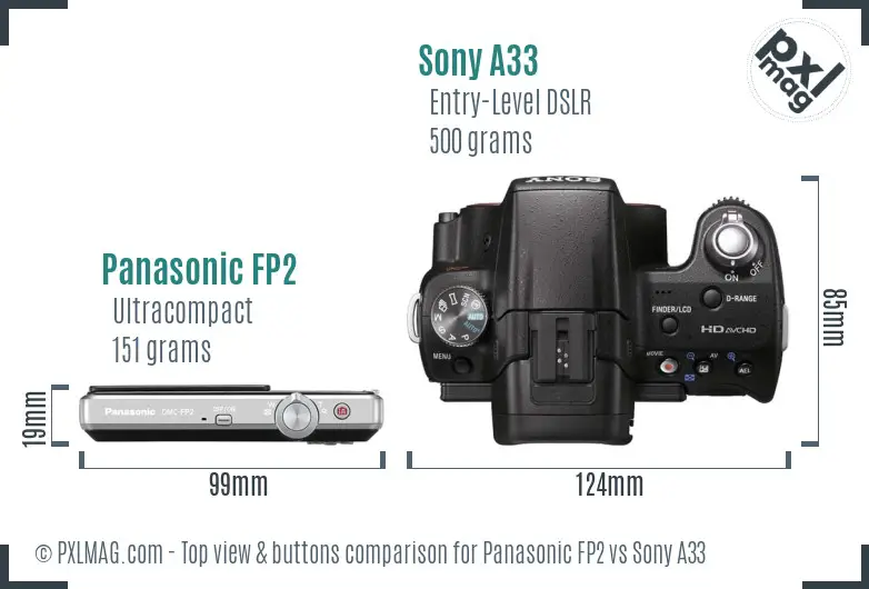 Panasonic FP2 vs Sony A33 top view buttons comparison