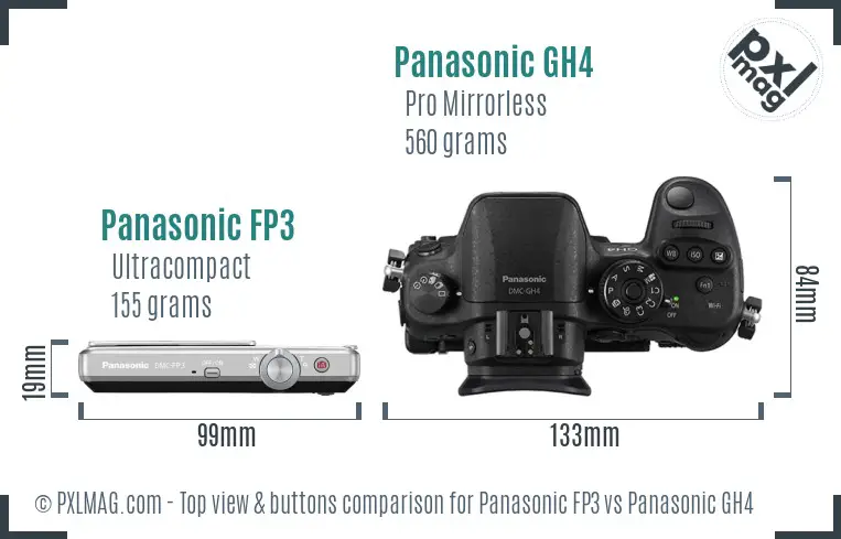 Panasonic FP3 vs Panasonic GH4 top view buttons comparison Panasonic FP3 vs Panasonic GH4 top view buttons comparison