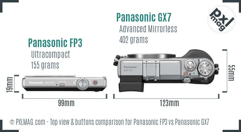 Panasonic FP3 vs Panasonic GX7 top view buttons comparison Panasonic FP3 vs Panasonic GX7 top view buttons comparison