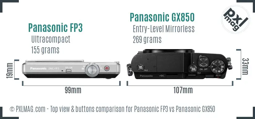 Panasonic FP3 vs Panasonic GX850 top view buttons comparison Panasonic FP3 vs Panasonic GX850 top view buttons comparison