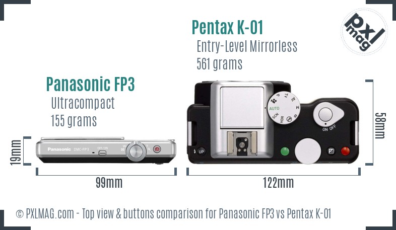Panasonic FP3 vs Pentax K-01 top view buttons comparison