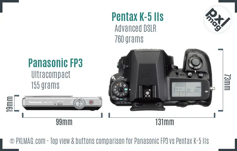 Panasonic FP3 vs Pentax K-5 IIs top view buttons comparison