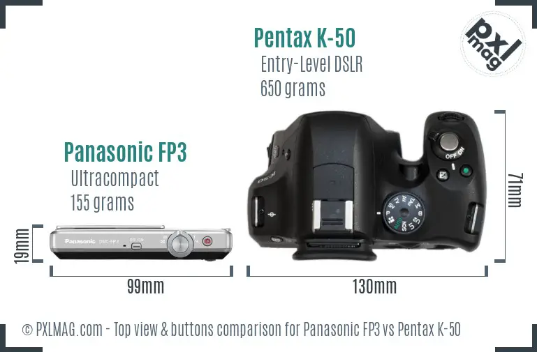 Panasonic FP3 vs Pentax K-50 top view buttons comparison