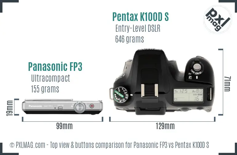 Panasonic FP3 vs Pentax K100D S top view buttons comparison