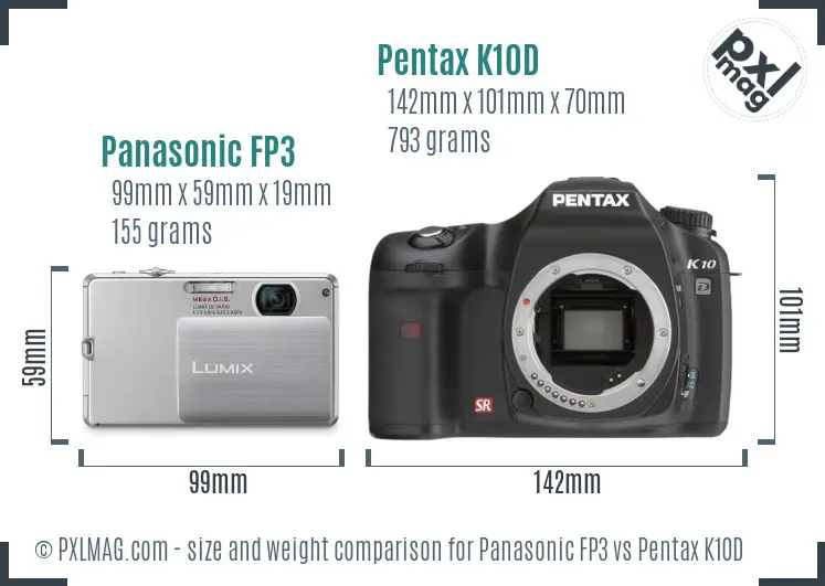 Panasonic FP3 vs Pentax K10D size comparison