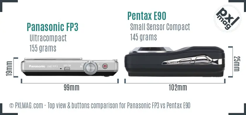 Panasonic FP3 vs Pentax E90 top view buttons comparison