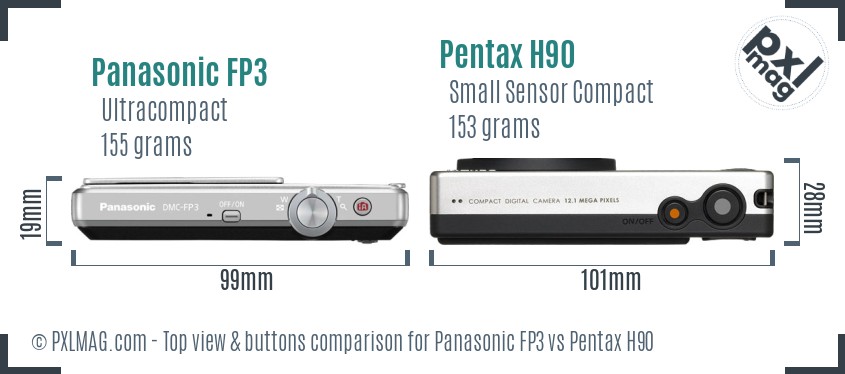 Panasonic FP3 vs Pentax H90 top view buttons comparison