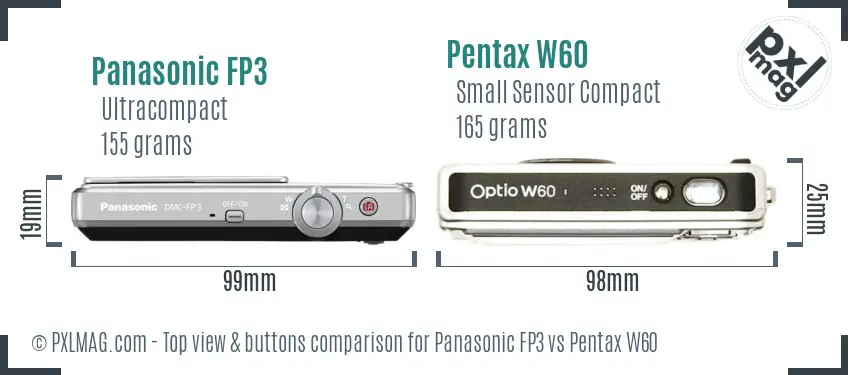 Panasonic FP3 vs Pentax W60 top view buttons comparison