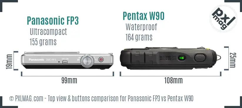 Panasonic FP3 vs Pentax W90 top view buttons comparison
