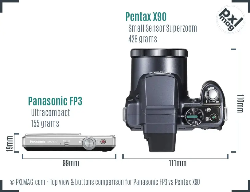 Panasonic FP3 vs Pentax X90 top view buttons comparison Panasonic FP3 vs Pentax X90 top view buttons comparison