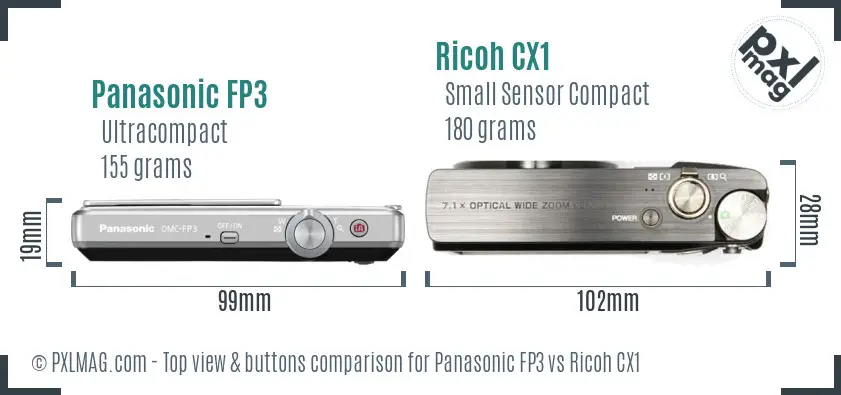 Panasonic FP3 vs Ricoh CX1 top view buttons comparison Panasonic FP3 vs Ricoh CX1 top view buttons comparison