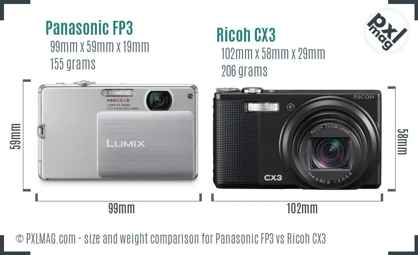 Panasonic FP3 vs Ricoh CX3 size comparison