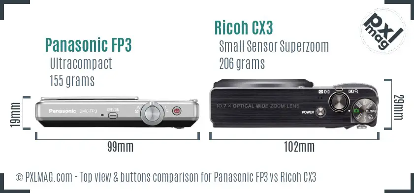 Panasonic FP3 vs Ricoh CX3 top view buttons comparison