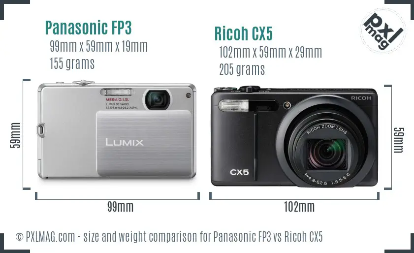 Panasonic FP3 vs Ricoh CX5 size comparison