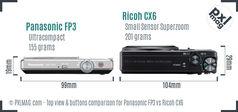 Panasonic FP3 vs Ricoh CX6 top view buttons comparison